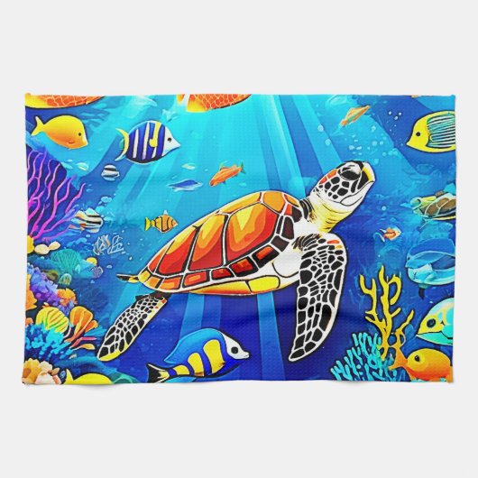 Vibrant Reef: Het Onderwaterrijk Van De Schildpad Theedoek (Horizontaal)