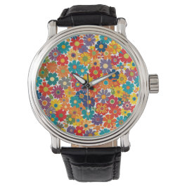Vibrant Retro 60s Daisy Flower Power Pattern Horloge