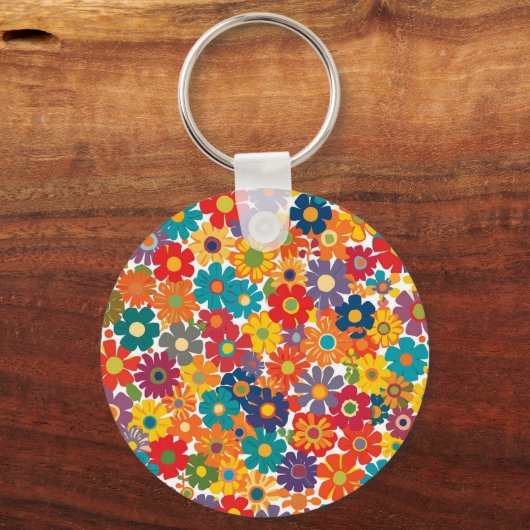 Vibrant Retro 60s Daisy Flower Power Pattern Sleutelhanger (Voorkant)