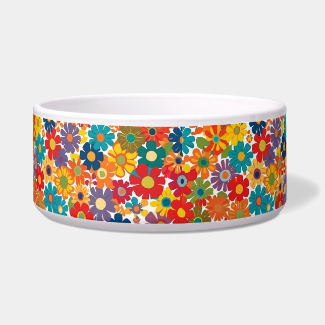 Vibrant Retro 60s Daisy Flower Power Pattern Voerbakje (Voorkant)