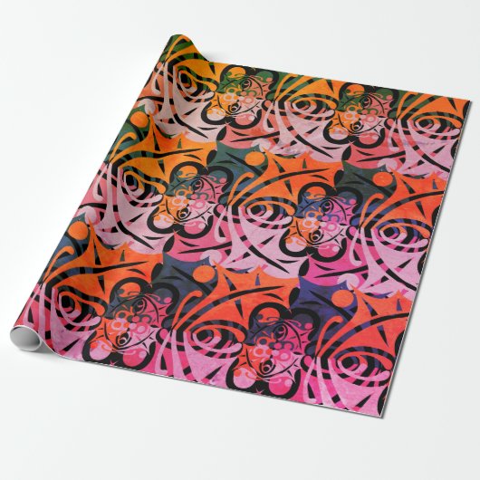 Vibrant Retro Abstract LEAF Patroon Cadeaupapier (Uitgerold)