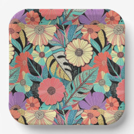 Vibrant Retro Floral Burst Papieren Bordje