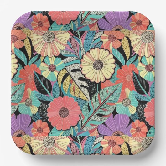 Vibrant Retro Floral Burst Papieren Bordje (Voorkant)