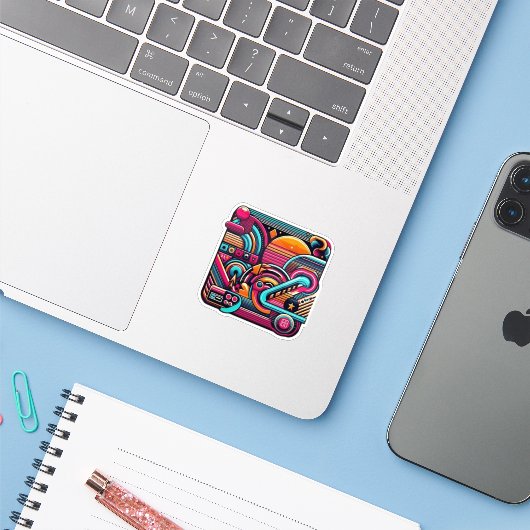 "Vibrant Retro Neon geometrisch" Sticker (Laptop met iPhone)