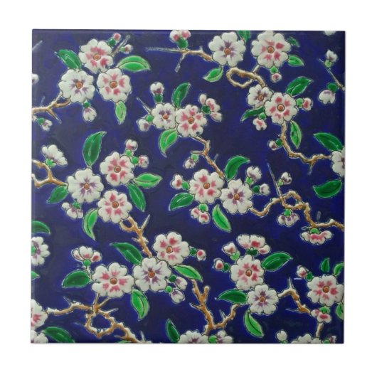 Vibrant Royal Blue Cherry Blossom Antiek Repro Tegeltje (Voorkant)