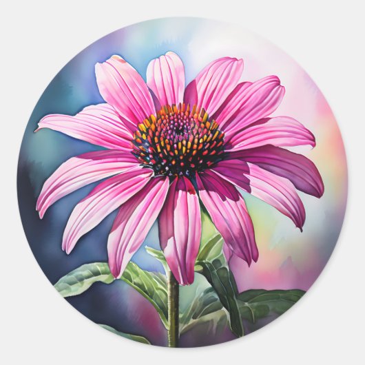 Vibrant Roze Coneflower Waterverf Ronde Sticker (Voorkant)