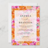 Vibrant roze en Oranje Waterverf Floral Wedding Kaart (Voorkant)