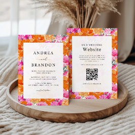 Vibrant roze en Oranje Waterverf Floral Wedding Kaart