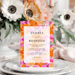 Vibrant roze en Oranje Waterverf Floral Wedding Kaart