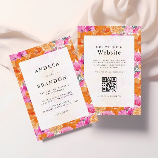 Vibrant roze en Oranje Waterverf Floral Wedding Kaart