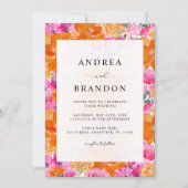 Vibrant roze en Oranje Waterverf Floral Wedding Kaart (Voorkant)