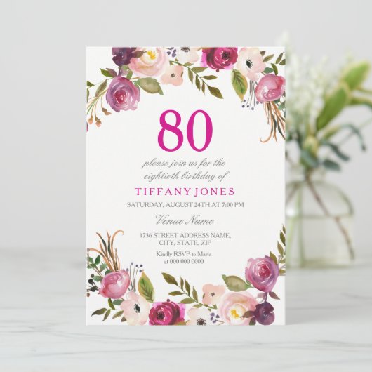 Vibrant roze flacon 80e verjaardag Uitnodiging (Staand voorkant)