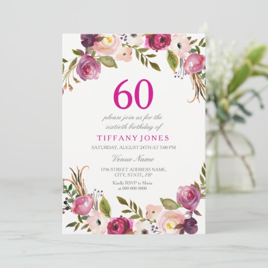 Vibrant roze flesje 60e verjaardag Uitnodiging (Staand voorkant)