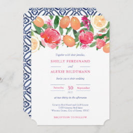 Vibrant roze Florals Citrus Dark Blue Tegel Wedden Kaart