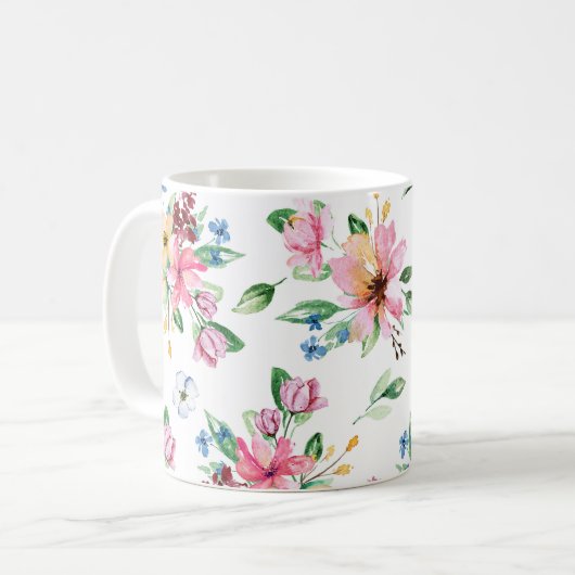 Vibrant roze groene Floral Foliage Print Koffiemok (Voorkant links)