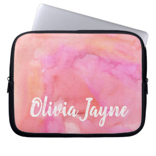 Vibrant roze Oranje Waterverf naam op maat Laptop Sleeve