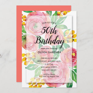 Vibrant roze Waterverf Floral Birthday Uitnodiging