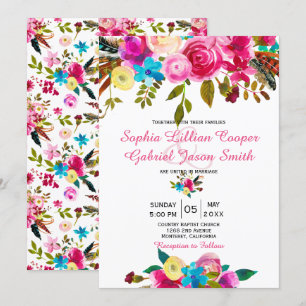 Vibrant roze Waterverf Floral Typografie Weddensch Kaart