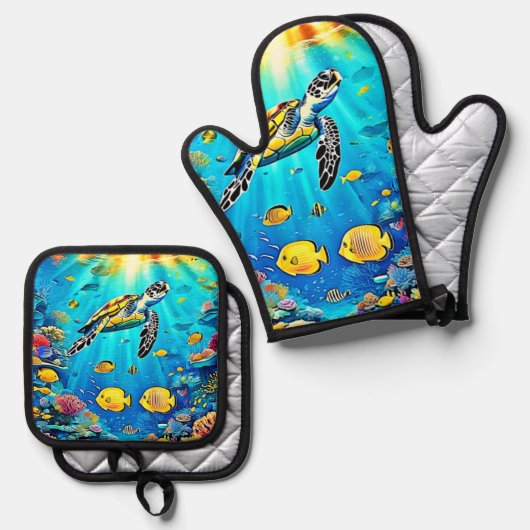 Vibrant Sea Turtle Reef Art Ovenwant & Pannenlap Set (Voorkant / Achterkant)