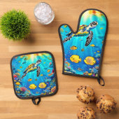 Vibrant Sea Turtle Reef Art Ovenwant & Pannenlap Set (Top down)