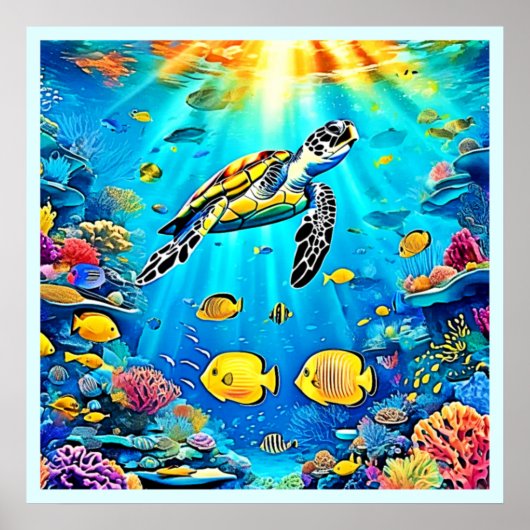 Vibrant Sea Turtle Reef Art Poster (Voorkant)