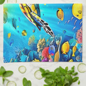 Vibrant Sea Turtle Reef Art Theedoek (Gevouwen)