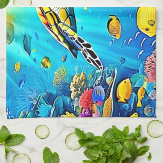 Vibrant Sea Turtle Reef Art Theedoek (Gevouwen)
