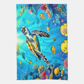 Vibrant Sea Turtle Reef Art Theedoek (Verticaal)