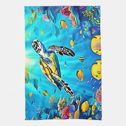 Vibrant Sea Turtle Reef Art Theedoek (Verticaal)