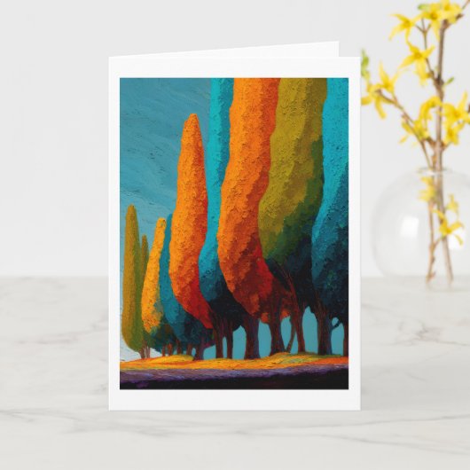 Vibrant Sentinel Trees, Abstract Greeting Card Kaart (Gele Bloem)