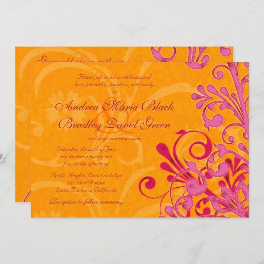 Vibrant Sinaasappel en Roze Floral Weddenschap Kaart (Voorkant / Achterkant)