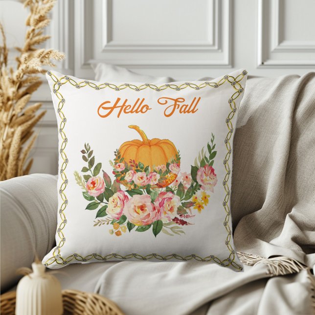 Vibrant Sinaasappel Hallo Herfst Pumpkin Waterverf Kussen (Vibrant Orange Hello Fall Pumpkin Watercolor Rose Throw Pillow)