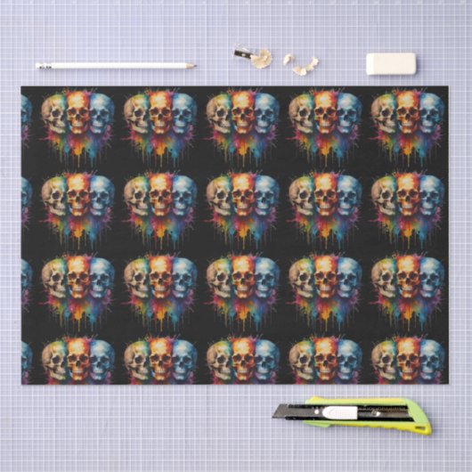 Vibrant Skull Art on Black Background Tissuepapier (Craft)