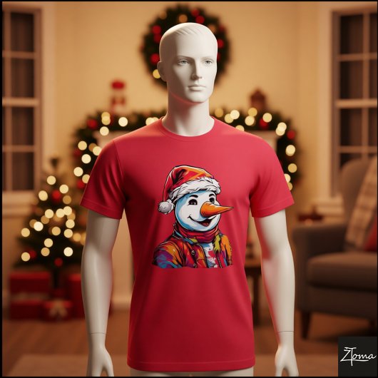 Vibrant Snowman Santa Hat Pop Art T-shirt