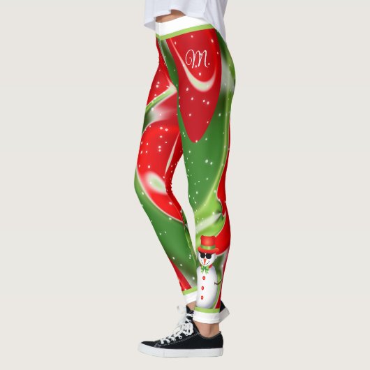 Vibrant Snowy Kerstmis met Snowman op Abstract Leggings (Links)