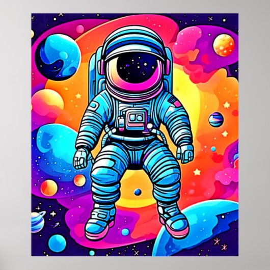 Vibrant Space Cartoon Art: Astronaut Dreams Poster (Voorkant)