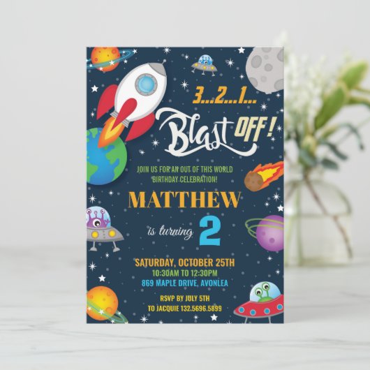 Vibrant Space Rocket Shiket Planets Birthday Party Kaart (Staand voorkant)