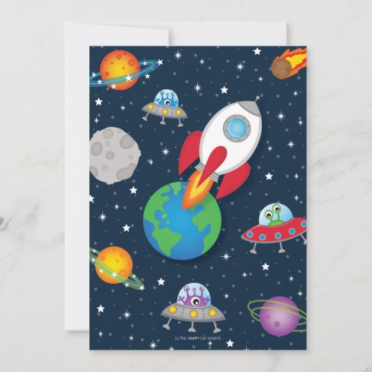 Vibrant Space Rocket Shiket Planets Birthday Party Kaart (Achterkant)