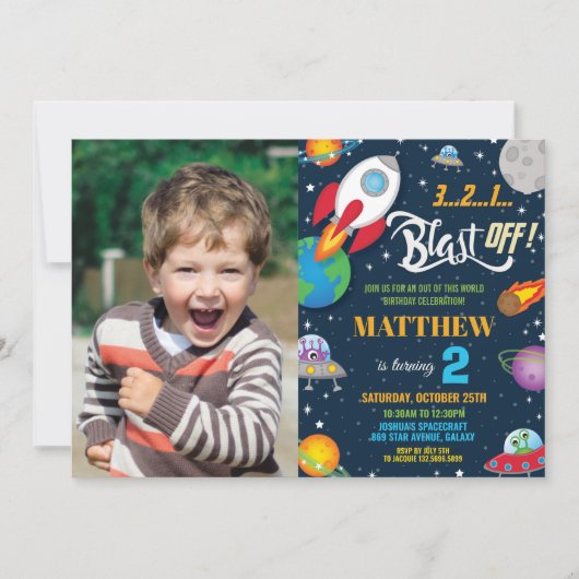 Vibrant Space Rocket Ship Planets Verjaardagsfoto Kaart (Voorkant)