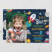 Vibrant Space Rocket Ship Planets Verjaardagsfoto Kaart (Voorkant / Achterkant)