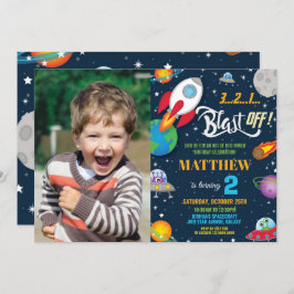Vibrant Space Rocket Ship Planets Verjaardagsfoto Kaart