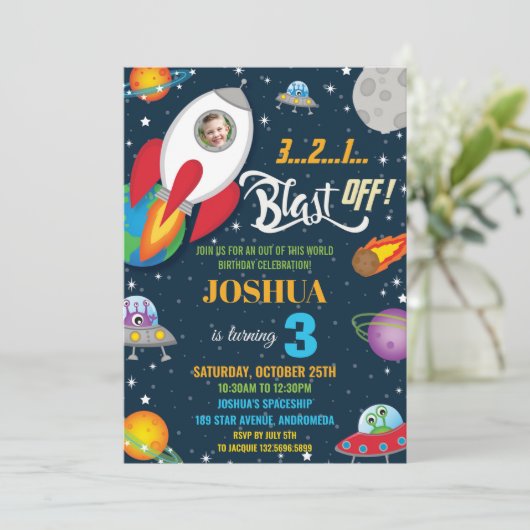 Vibrant Space Rocket Ship Planets Verjaardagsfoto Kaart (Staand voorkant)