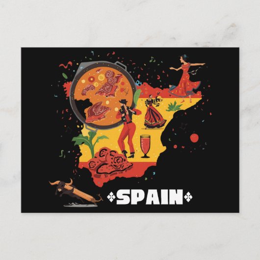 Vibrant Spain Map Flamenco, Paella & Bull Briefkaart (Voorkant)