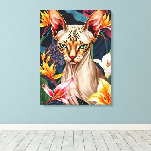 Vibrant Sphynx Cat Digital Artwork Canvas Afdruk (Insitu (Houten vloer))