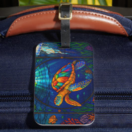 Vibrant Stained Glass Sea Turtle Ocean Design Bagagelabel