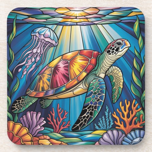 Vibrant Stained Glass Sea Turtle Ocean Design Bier Onderzetter (Voorkant)