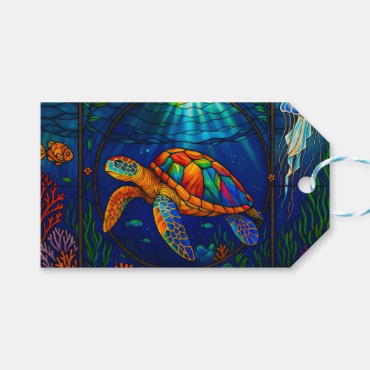 Vibrant Stained Glass Sea Turtle Ocean Design Cadeaulabel (Voorkant (Horizontaal))