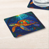 Vibrant Stained Glass Sea Turtle Ocean Design Kartonnen Onderzetters (Schuin)