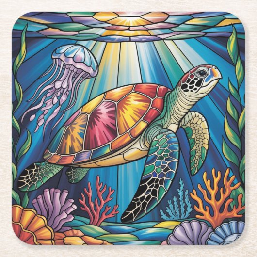 Vibrant Stained Glass Sea Turtle Ocean Design Kartonnen Onderzetters (Voorkant)