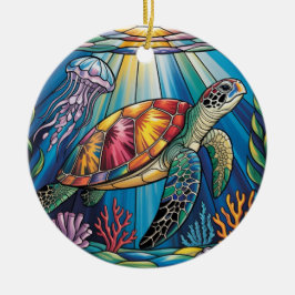 Vibrant Stained Glass Sea Turtle Ocean Design Keramisch Ornament